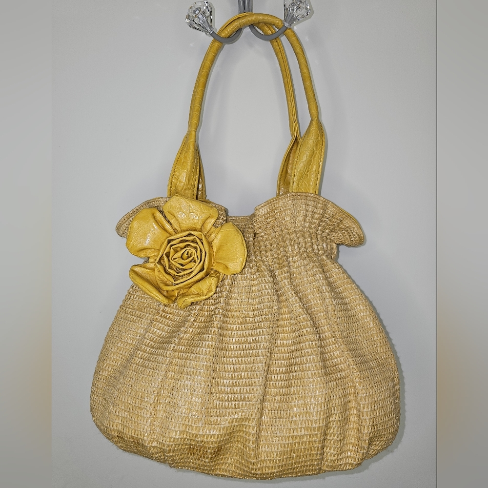 BUENO Yellow Gold Rosette Flower Straw Hobo Bag